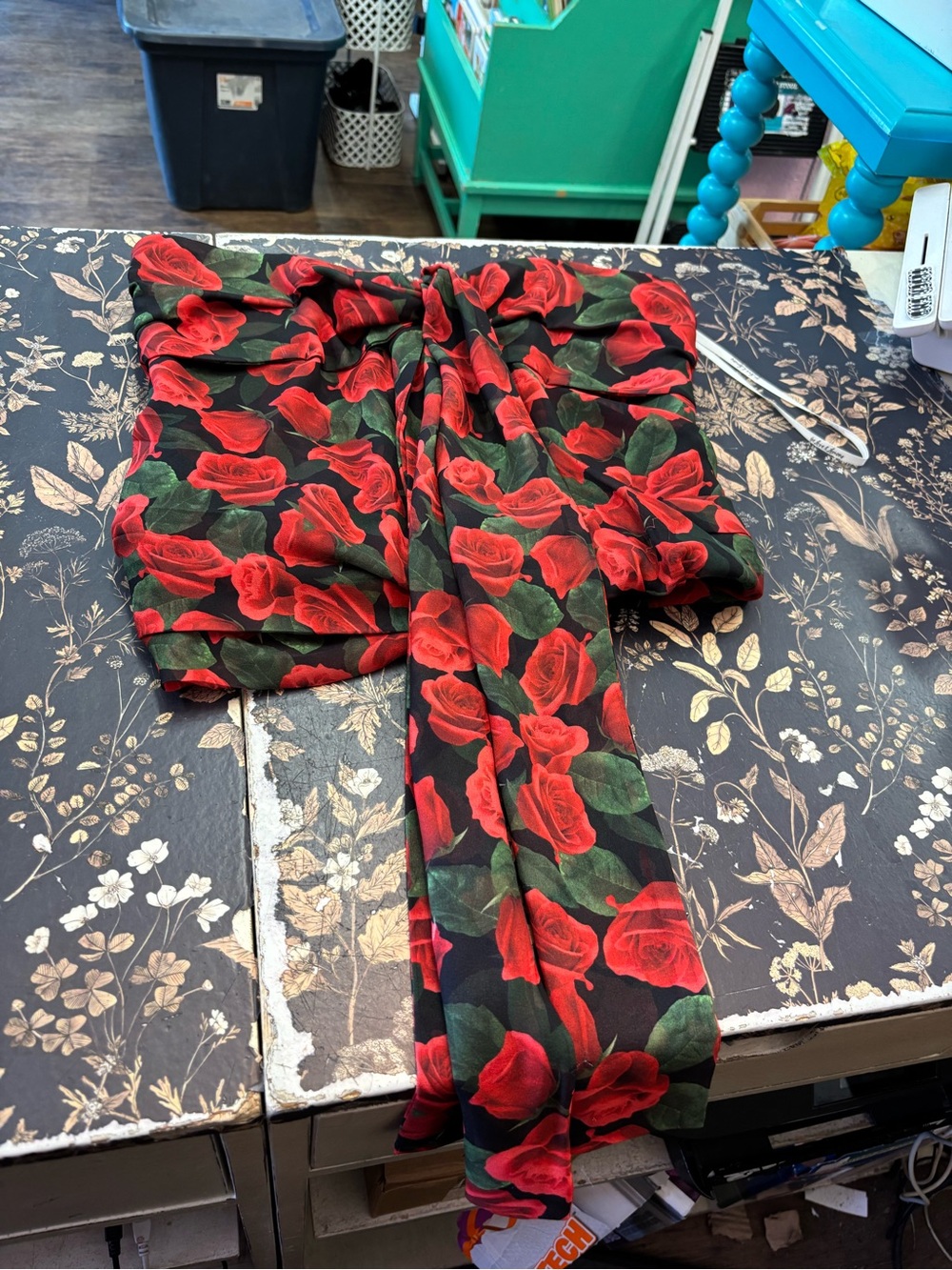 For Love And Lemons Black Strapless Top with Red Rose Print and Green Leaves